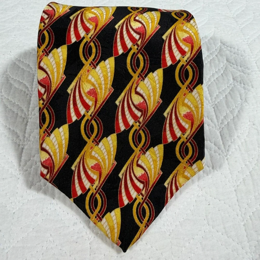 Enrico Guccini Silk Tie Mens XL Black Gold Red Art Deco Geometric 64